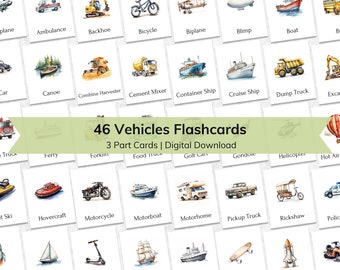 Editable Vehicle and Transport Flashcards for Kids | Educational Printable 3 Part Nomenclature Toddler Flash Cards | Montessori Materials