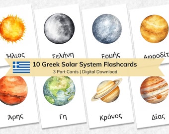 Greek Solar System Flashcards for Kids | Printable Montessori Materials | Solar System 3 Part Flash Cards | Nomenclature Cards