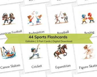 Tarjetas didácticas de deportes para niños: Tarjetas Montessori de 3 partes (Descarga digital editable)
