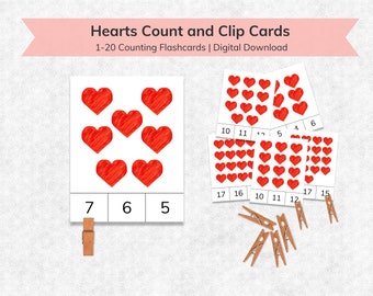 Hearts Counting Flashcards: Numbers 1-20, Montessori Math (Digital Download)