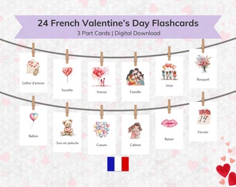 24 Flashcard francesi stampabili per San Valentino per bambini / Flashcard per bambini stampabili Attività Montessori e Homeschool per San Valentino