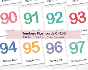 Editable Numbers Flashcards Set 0-100 | Numbers 0 to 100 | Printable Montessori 3 Part Nomenclature Toddler Flash Cards | Count to 100