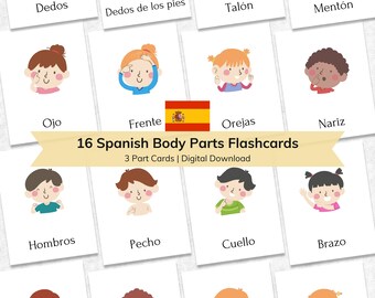 Spanish 16 Body Parts Flashcards for Kids | 3 Part Nomenclature Educational Toddler Flash Cards | Printable Montessori Materials