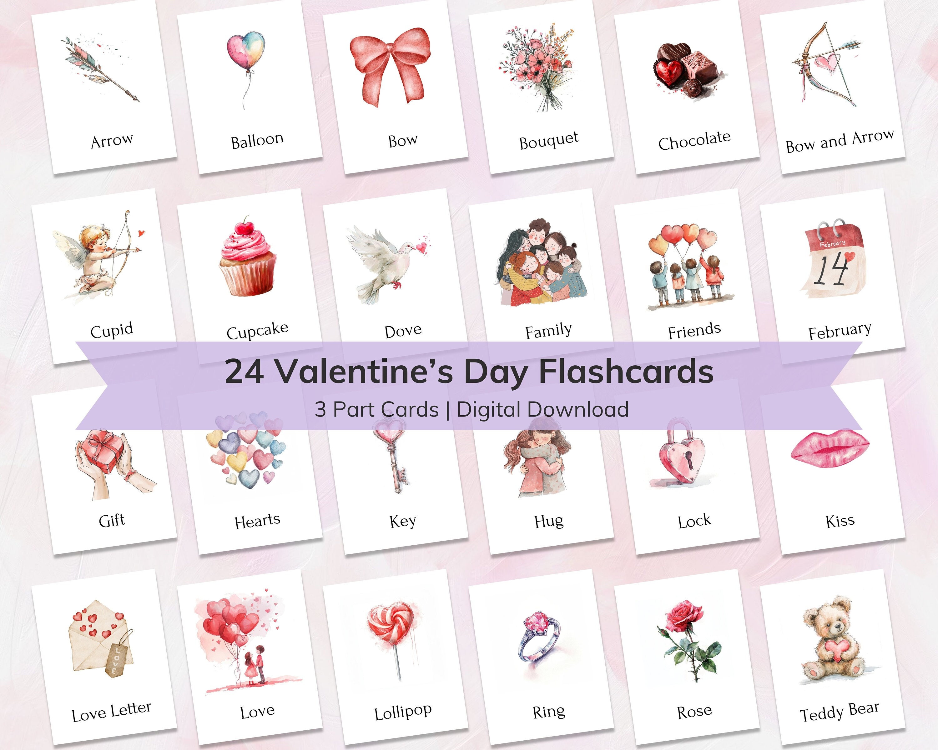 24 Valentine's Day Printable Flashcards for Kids Toddler Flashcards ...