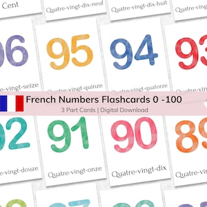 子供向けのフランス語の数字 0-100 フラッシュカード、印刷可能な 3 部構成の命名法の幼児用フラッシュカード、モンテッソーリ学習数字カード教材