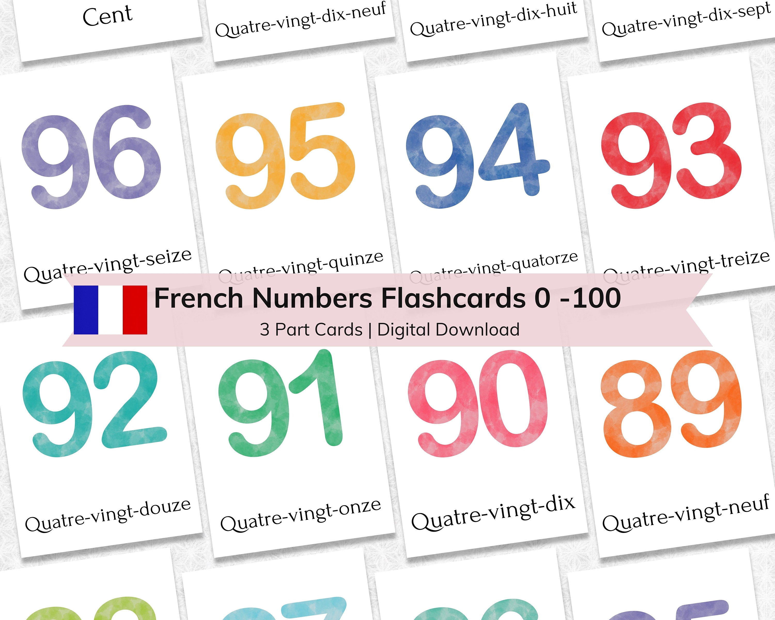 French numbers 0 100 flashcards for kids printable 3 part nomenclature