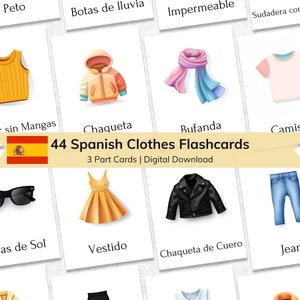 Flashcards de roupas espanholas para crianças | Cartões Flash Educacionais de Identificação de Crianças com Nomenclatura de 3 Partes | Materiais Montessori para impressão