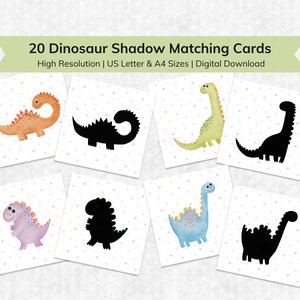 Dinosaur Shadow Matching Game Card voor kinderen, Montessori Peuter Matching Game, Afdrukbare educatieve puzzelspelkaarten