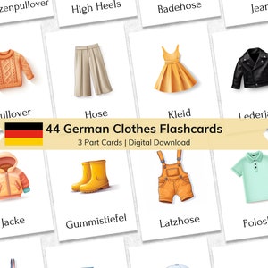Flashcard de roupas alemãs para crianças, cartões flash educacionais de nomenclatura de 3 partes para crianças, materiais Montessori imprimíveis, cartões de identificação