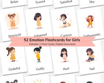 Puede incluir: 52 tarjetas de memoria imprimibles con ilustraciones de niñas que expresan diferentes emociones. Cada tarjeta incluye una ilustración colorida y el nombre de la emoción, como "Molesto", "Avergonzado", "Curioso", "Entusiasta", "Agradecido", "Culpable", "Herido", "Triste", "Relajado", "Asustado", "Satisfecho" y "Tímido".