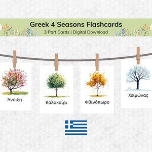 Flashcards das temporadas gregas para crianças | Cartões flash educativos para crianças com nomenclatura de 3 partes | Materiais Montessori para impressão no idioma grego