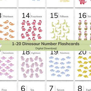 Cartões temáticos de dinossauros número 1-20, cartões flash para crianças de prática de contagem, números montessori imprimíveis, aprender a contar