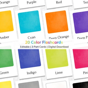 Cartes-éclair en couleur modifiables pour enfants, Cartes-éclair imprimables en 3 parties avec nomenclature pour tout-petits, Cartes d'apprentissage couleur multilingues Montessori