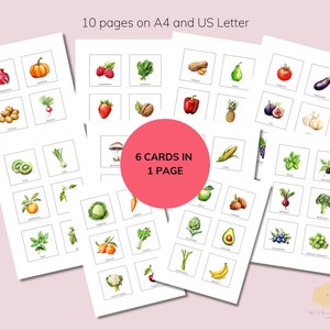 60 Flashcards Montessori Fruits et Légumes pour les enfants | Cartes mémoire imprimables éducatives pour tout-petits d’âge préscolaire | Téléchargement instantané