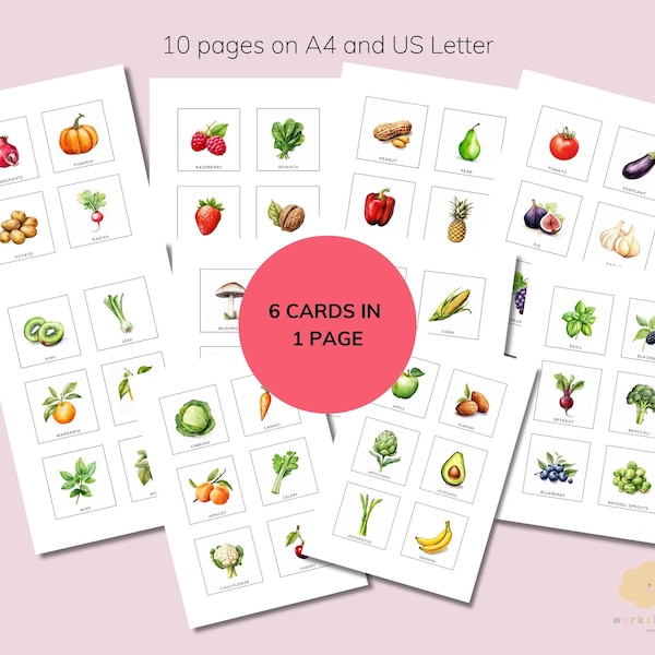 60 Fruits and Vegetables Montessori Flashcards for Kids | Pre-School Toddler Educational Printable Flashcards | Instant Download