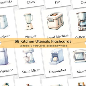 Tarjetas didácticas de utensilios de electrodomésticos de cocina editables para niños / Tarjetas flash para niños pequeños de nomenclatura de 3 partes / Tarjetas de aprendizaje de herramientas de cocina Montessori