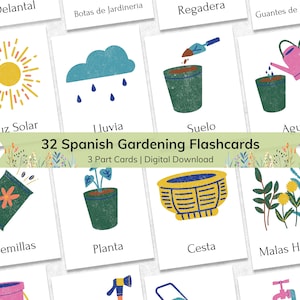 Flashcards de vocabulário de jardinagem espanhol para crianças, cartões flash educativos de nomenclatura de 3 partes para crianças, material montessori imprimível