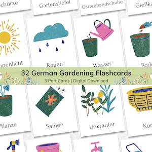 Vocabulaire de jardinage en allemand pour enfants, nom d'outil de jardin Montessori pour apprendre le nom des tout-petits en 3 parties, matériel imprimable