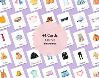 44 Montessori-kleding-flashcards voor kinderen | 3-delige nomenclatuur-flashkaarten | Montessori-materialen voor kleuters en peuters | Digitaal downloaden