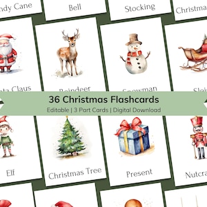 Bearbeitbare Weihnachts-Karteikarten für Kinder, druckbare 3-teilige Nomenklatur Kleinkind-Karteikarten, Montessori-Weihnachtswortschatz-Winterkarten
