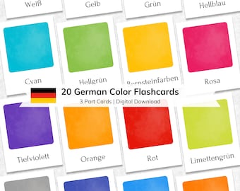 Könnte beinhalten: 20 deutsche Farbkarten mit einer deutschen Flagge in der Mitte. Die Karten zeigen eine Vielzahl von Farben, darunter Weiß, Gelb, Grün, Hellblau, Cyan, Hellgrün, Bernstein, Rosa, Lila, Orange, Rot und Limettengrün. Jede Karte hat das deutsche Wort für die Farbe unter dem Farbfeld gedruckt.
