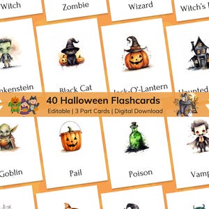 Flashcard di Halloween modificabili per bambini / Schede flash per bambini con nomenclatura in 3 parti stampabili / Potenziamento del vocabolario di Halloween, Materiale Montessori