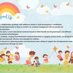 Może przedstawiać: Kolorowa ilustracja dzieci bawiących się na świeżym powietrzu z tęczą w tle. Tekst "About Us" znajduje się w g&oacute;rnej części obrazu. Tekst pod obrazem opisuje pochodzenie tw&oacute;rcy i materiały edukacyjne, kt&oacute;re tworzy.