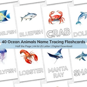 Flashcards de rastreamento de nomes de animais do oceano para crianças, atividade de rastreamento Montessori para impressão para crianças pequenas e pré-escolares, rastreamento de letras maiúsculas