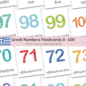 Educatieve Griekse cijfers Flashcards | Leer en tel getallen van 0-100 | 3-delige flashkaarten | Afdrukbaar montessorimateriaal | Leerhulpmiddel