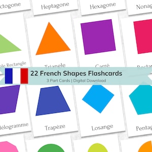 Flashcards franceses de 22 formatos para crianças | Cartões flash educativos para crianças com formas geométricas 2D | Cartões de nomenclatura Montessori para impressão em 3 partes