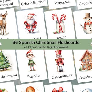Schede didattiche di Natale in spagnolo per bambini, schede didattiche per bambini in 3 parti stampabili, apprendimento del vocabolario natalizio in Spagna