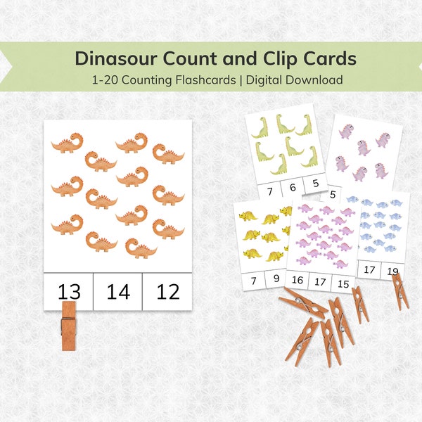 Dinosaur Count and Clip Cards, Number 1-20 Count Flashcards for Kids, Toddler Counting Flash Cards, Printable Montessori Material
