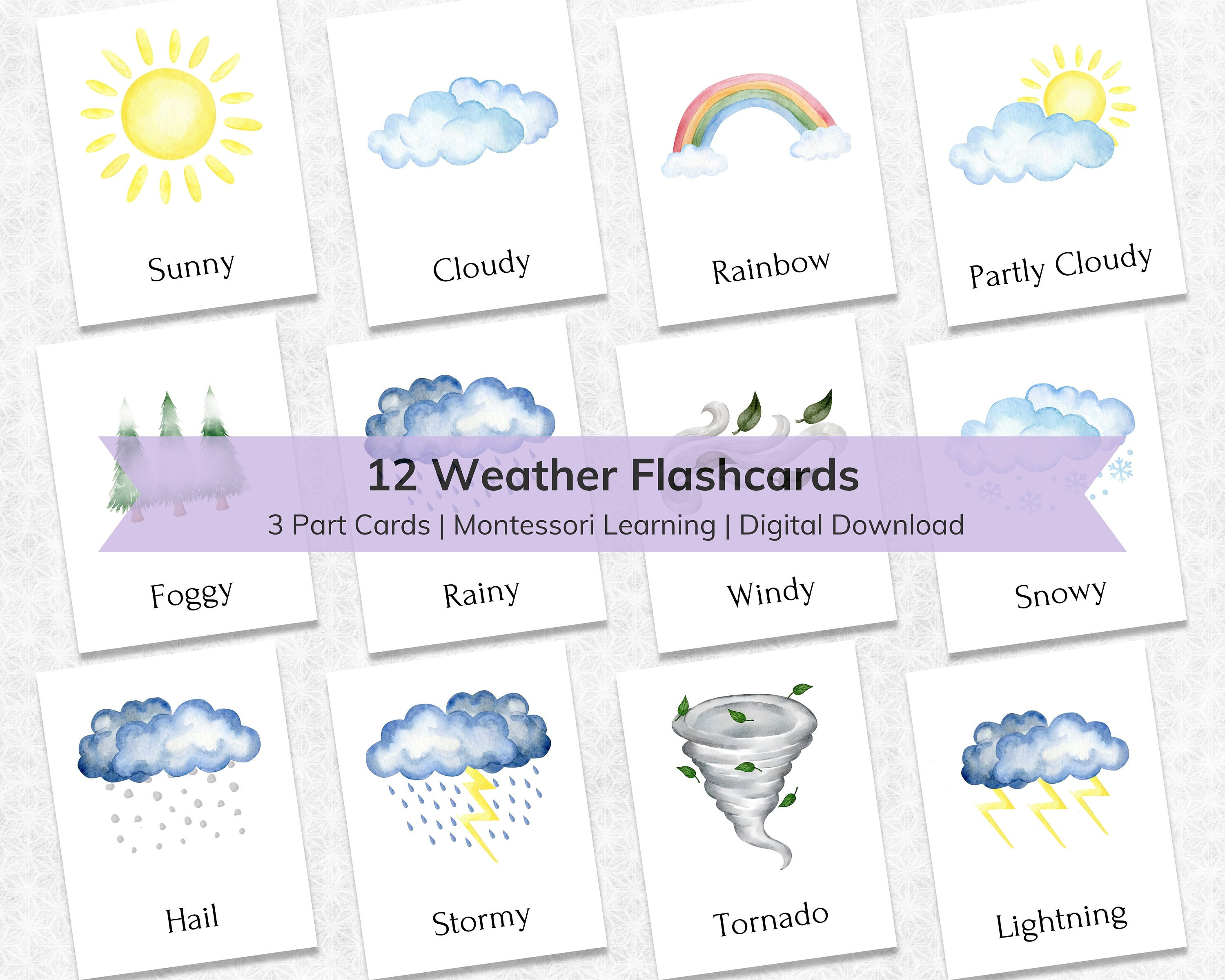 Wetter Karteikarten für Kinder: 3-teilige Montessori Lernkarten (Digitaler Download)