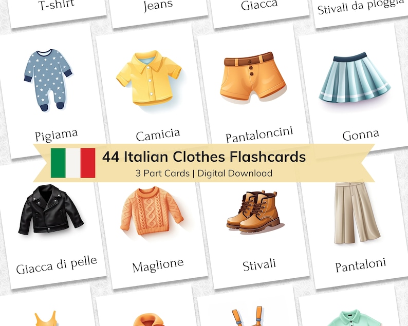 Italian Clothes Flashcards for Kids | 3 Part Nomenclature Educational ...