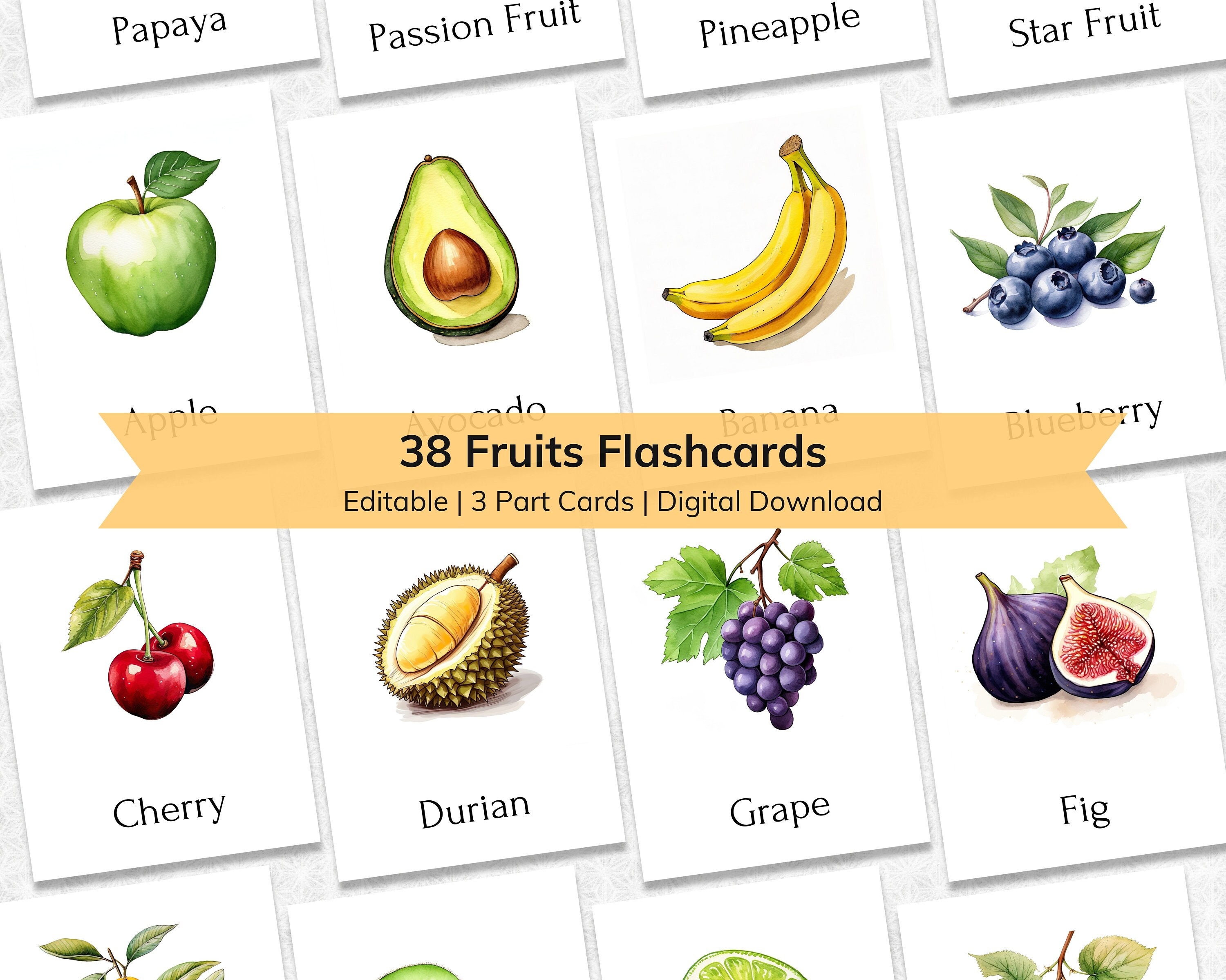 Fruits Flashcards: Editable Montessori 3-Part Cards (Digital Download)