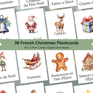 French Christmas Flashcards for Kids, Printable 3 Part Nomenclature Toddler Flashcards, France Christmas Vocabulary Name Learning