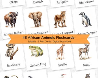 Redigerbara Montessori-flashkort med afrikanska djur: Akvarellkort för lärande (PDF)
