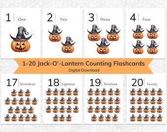 Puede incluir: Un conjunto de 20 tarjetas de memoria imprimibles con temática de Halloween que presentan calabazas con sombreros de bruja. Las tarjetas de memoria están numeradas del 1 al 20 e incluyen la palabra numérica correspondiente. El título "1-20 Jack-O'-Lantern Counting Flashcards" y "Digital Download" también están incluidos.