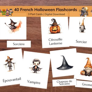 Flashcards de Halloween em francês para crianças, cartão de memória para crianças pequenas com nomenclatura de 3 partes para impressão, material de Halloween da França Montessori