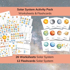 Zonnestelsel Montessori bezig peuterboek, 12 flashcards en 26 werkbladen, afdrukbare telling, matchen, knippen, patroonactiviteit