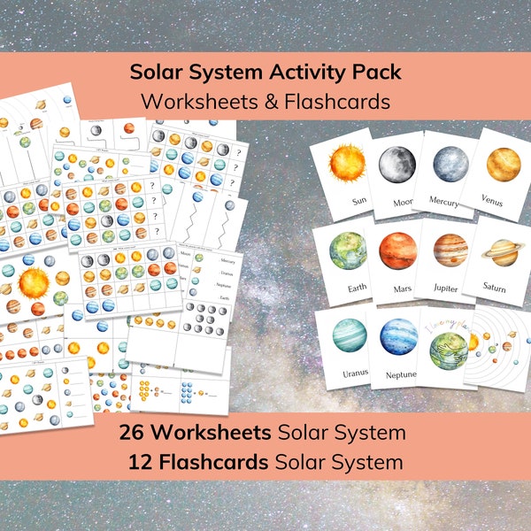 Solar System Montessori Toddler Busy Book, 12 Flashcards And 26 Worksheets, Printable Count, Matching, Cutting, Pattern Activity