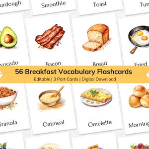 Cartes-éclair modifiables de vocabulaire pour le petit-déjeuner pour les enfants, carte-éclair imprimable en 3 parties de nomenclature préscolaire, apprentissage des langues Montessori