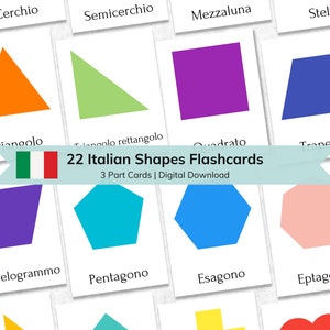 Flashcards italianos de 22 formatos para crianças | Cartões flash educativos para crianças com formas geométricas 2D | Cartões de nomenclatura Montessori para impressão em 3 partes