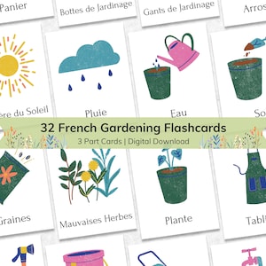 Tarjetas didácticas de vocabulario de jardinería francesa para niños, aprendizaje de nombres de herramientas de jardín Montessori, tarjetas didácticas para niños pequeños de 3 partes, material imprimible