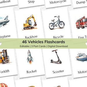 Bearbeitbare Fahrzeug- und Transport-Lernkarten für Kinder | Pädagogische druckbare 3-teilige Nomenklatur-Lernkarten für Kleinkinder | Montessori-Materialien
