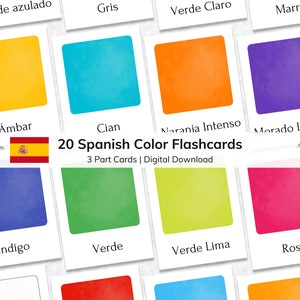 Tarjetas didácticas de colores en español para niños, tarjetas didácticas imprimibles de 3 partes para niños pequeños, material Montessori, educación en español