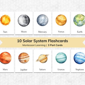 Bearbeitbare Sonnensystem Karteikarten für Kinder, Montessori Planetenname Lernen 3-teilige Kleinkind Karteikarten, Vorschul Weltraum Aktivitätskarten