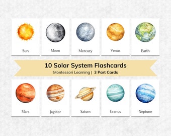 Solar System Flashcards for Kids, Montessori Planet Name Learning 3 Part Toddler Flash Cards, Preschool Space Activity Cards