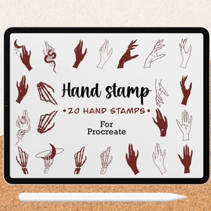 Op de afbeelding: Een digitaal tabletscherm met 20 hand-stempelontwerpen op een witte achtergrond. De stempels zijn in een kastanjebruine kleur en tonen verschillende handhoudingen, waaronder een hand die een halve maan vasthoudt, een hand met een slang eromheen gewikkeld en een hand met een skelethand. De tekst "Hand stamp" en "20 HAND STAMPS" wordt in zwarte tekst weergegeven. De tekst "For Procreate" wordt in zwarte tekst weergegeven.
