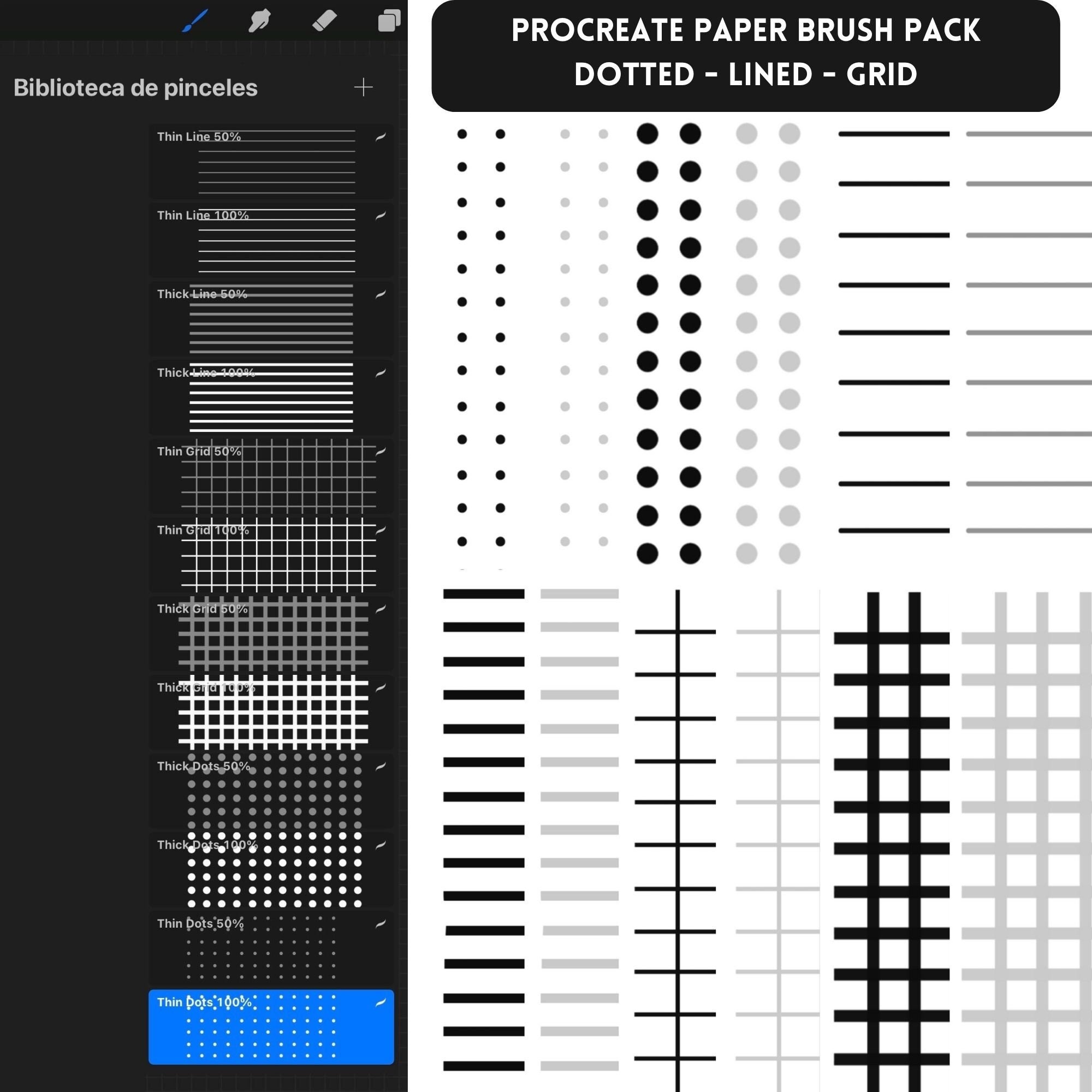 12 pinceles de patrones para Procreate – Set de sellos de líneas, cuadrícula y puntos para bullet journals y planners